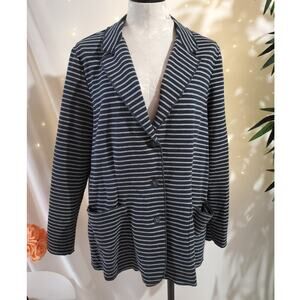 J Jill Striped Ponte Knit 3 Button Blazer Jacket Womens Sz XL Navy Blue Pockets